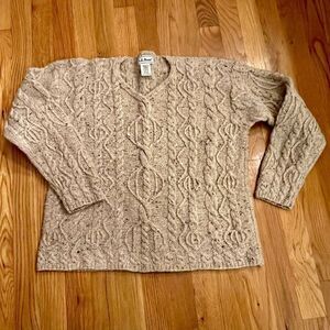 EUC Vintage Women's LL Bean Oatmeal Flecked V-Neck Cable Knit Sweater SMALL